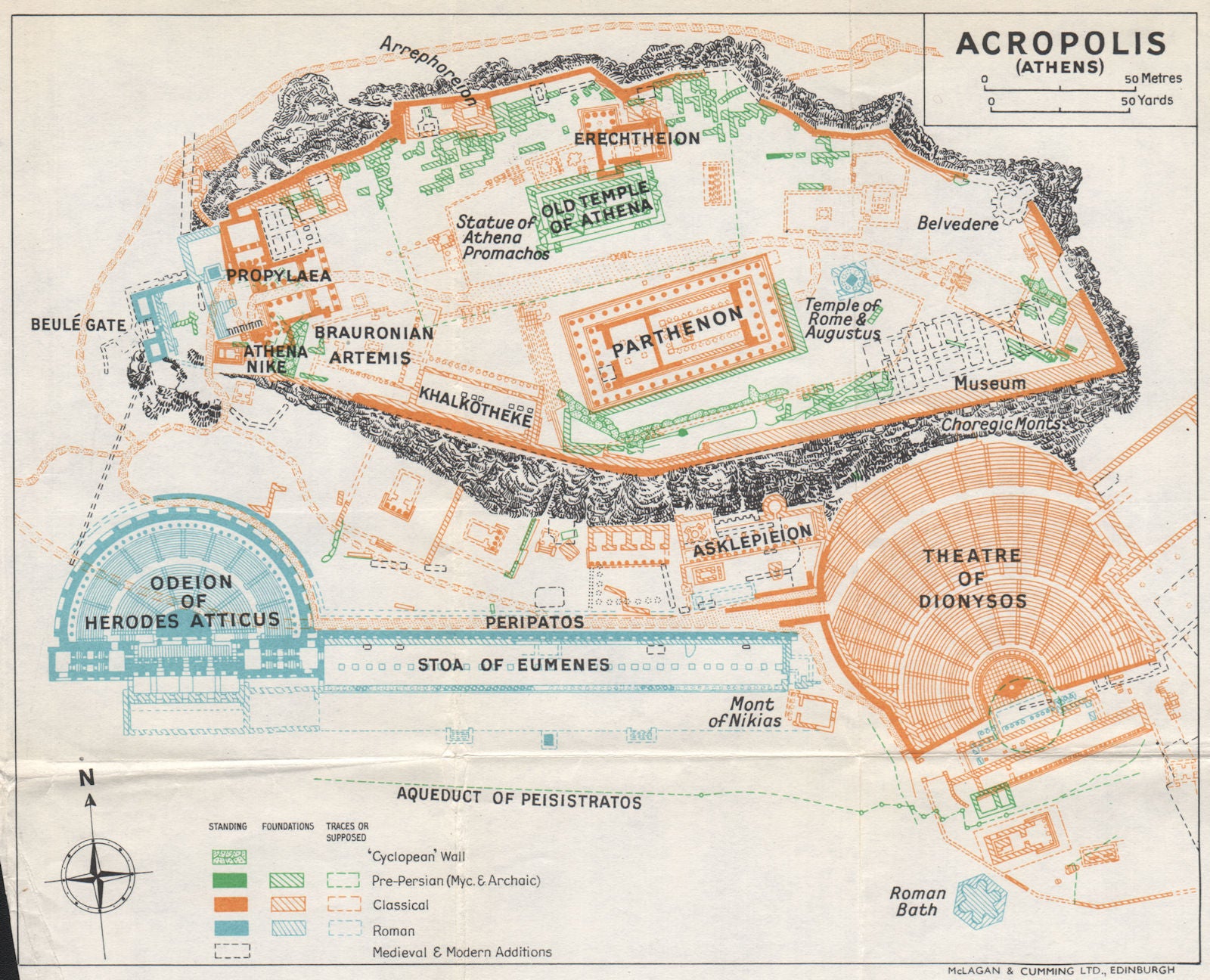 ACROPOLIS ground plan. Historical development. Classical Roman. Athens 1967 map
